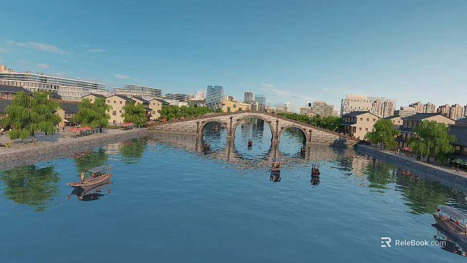 Scenic Commercial Street With Stone Bridge River Traditional Buildings And Boats 3d model 