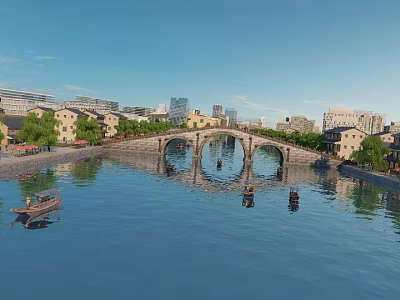 Scenic Commercial Street With Stone Bridge River Traditional Buildings And Boats 3d model