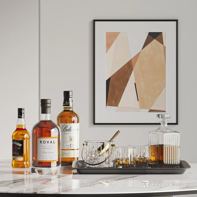 Elegant Whiskey Bottles And Glasses Display With Ice Bucket Tray And Abstract Wall Art 3d model 