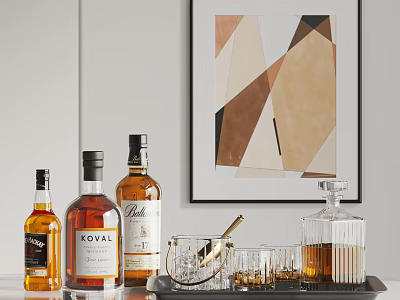 Elegant Whiskey Bottles And Glasses Display With Ice Bucket Tray And Abstract Wall Art 3d model