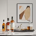 Elegant Whiskey Bottles And Glasses Display With Ice Bucket Tray And Abstract Wall Art