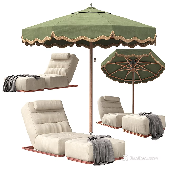 Light Colored Outdoor Reclining Sofa with Green Canopy Umbrella and Blanket 3d model 