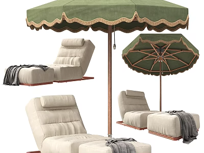 Light Colored Outdoor Reclining Sofa with Green Canopy Umbrella and Blanket 3d model