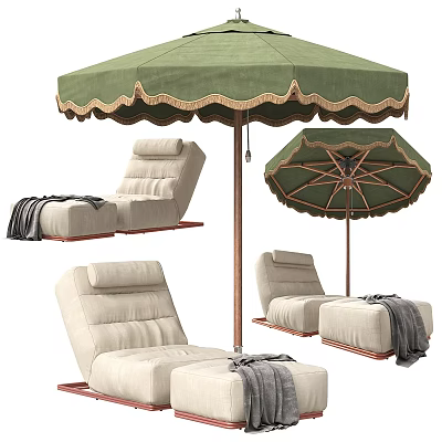 Light Colored Outdoor Reclining Sofa with Green Canopy Umbrella and Blanket 3d model