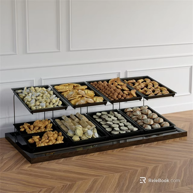 Black Multi Tiered Display Shelf With Trays Holding Assorted Pastries Cookies And Macarons 3d model 