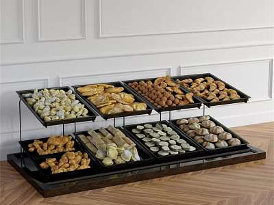 Black Multi Tiered Display Shelf With Trays Holding Assorted Pastries Cookies And Macarons 3d model