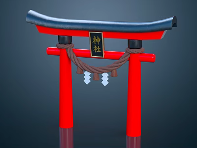 Traditional Japanese Torii Gate Featuring Red Pillars Black Lintel Plaque Rope And White Diamond Ornaments 3d model