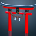 Traditional Japanese Torii Gate Featuring Red Pillars Black Lintel Plaque Rope And White Diamond Ornaments