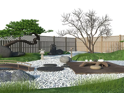 Serene Karesansui Zen Garden With Raked Gravel Stones Pine Trees And Wooden Fence 3d model