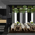 Modern Restaurant Interior With Hanging Green Plants Pendant Lights Large Windows And Dining Tables