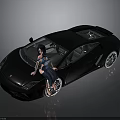 Black Sports Car With Woman In Blue Dress Leaning On Door