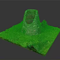 Scenic Miniature Landscape Featuring Ancient Stone Tower Surrounded by Lush Green Grass and Small Trees