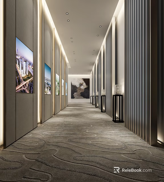 Modern Elevator Hallway Interior With Elegant Design Decorative Paintings And Lighting 3d model