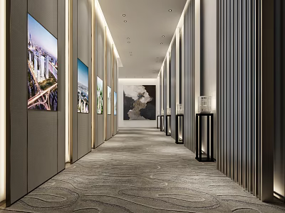 Modern Elevator Hallway Interior With Elegant Design Decorative Paintings And Lighting 3d model
