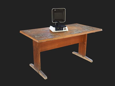 Vintage Wooden Office Desk with Small Monitor on White Base and Sturdy Legs 3d model