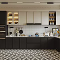 Modern Kitchen Interior With Dark Beige Cabinets Built In Appliances Tiled Backsplash And Patterned Floor 3d model