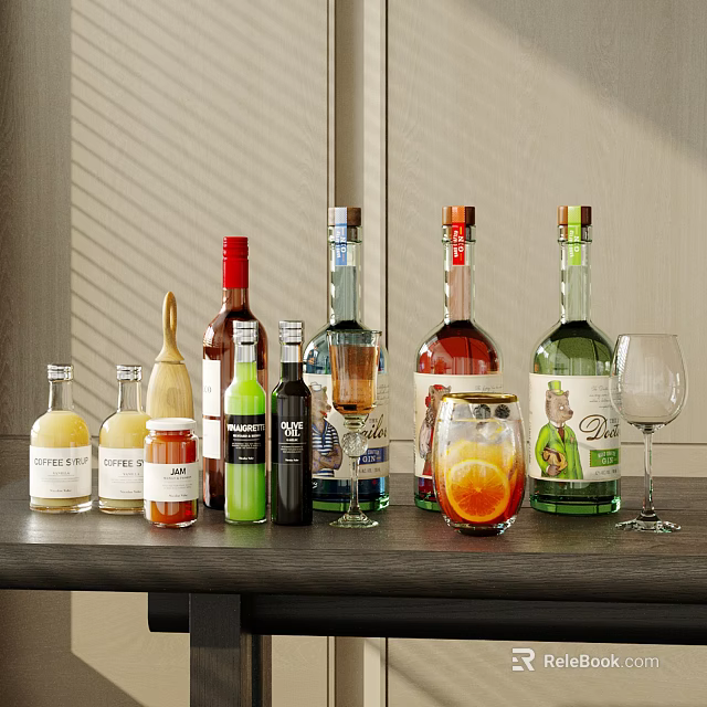 Different Types Of Alcohol Bottles And Glassware On Wooden Table 3d model 