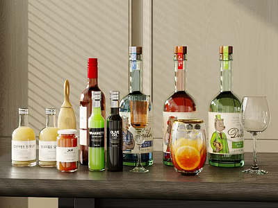 Different Types Of Alcohol Bottles And Glassware On Wooden Table 3d model