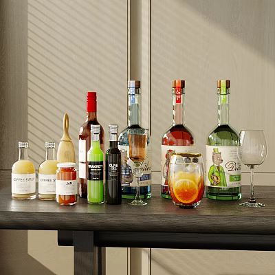 Different Types Of Alcohol Bottles And Glassware On Wooden Table 3d model Different Types Of Alcohol Bottles And Glassware On Wooden Table 3d model