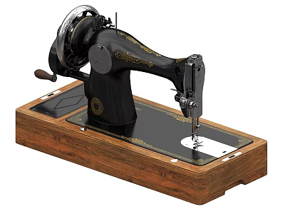 Vintage Industrial Sewing Machine With Black Body Wooden Base And Metal Components 3d model