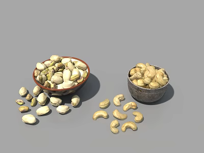 Pistachios and Cashews in Ceramic Bowls with Scattered Nuts on Surface 3d model