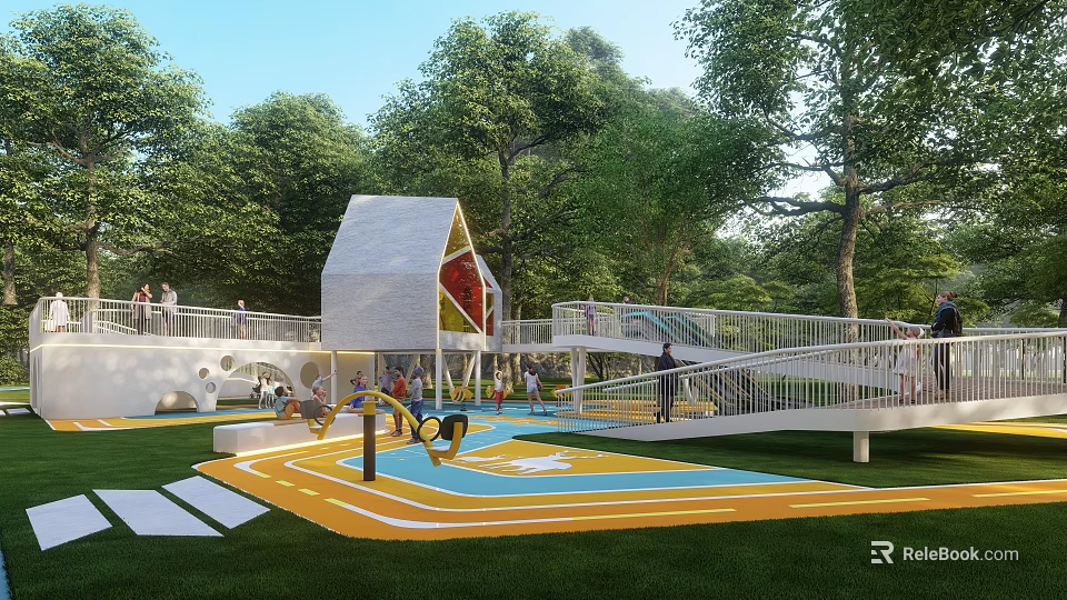 Outdoor Children's Playground With Lush Green Trees Colorful Geometric Floor Slide Swings And White Playhouse 3d model 