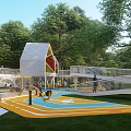 Outdoor Children's Playground With Lush Green Trees Colorful Geometric Floor Slide Swings And White Playhouse