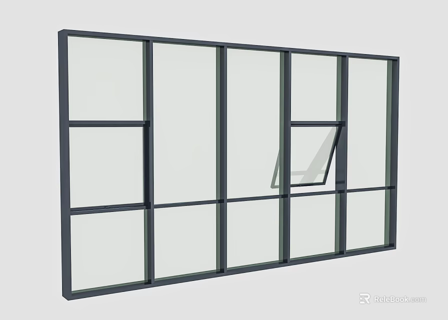 Modern Floor to Ceiling Window with Black Frame and Glass Panes Opening Section 3d model 