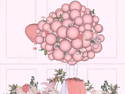 Large Pink Balloon Inflatable Decoration With Hot Air Balloon And Floral Accents 3d model