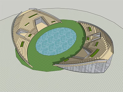 Circular Architectural Design Featuring Blue Central Pool Stepped Seating And Green Lawn 3d model