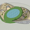 Circular Architectural Design Featuring Blue Central Pool Stepped Seating And Green Lawn 3d model
