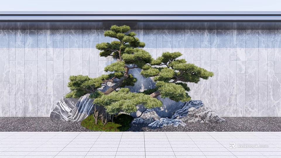 Elegant Garden Ornament Showcasing Styled Pine Tree Rock Formations And Gravel Against Stone Wall 3d model 