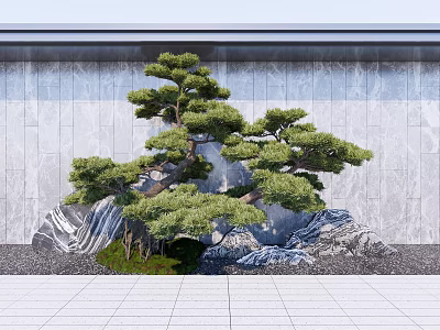 Elegant Garden Ornament Showcasing Styled Pine Tree Rock Formations And Gravel Against Stone Wall 3d model
