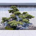Elegant Garden Ornament Showcasing Styled Pine Tree Rock Formations And Gravel Against Stone Wall