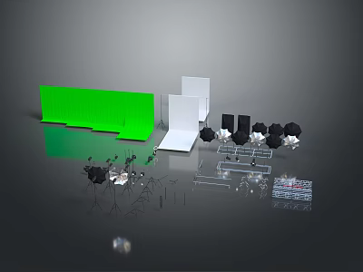 Professional Photography Studio Equipment With Green Screen White Backdrop Studio Lights Tripods And Reflectors 3d model