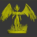 Phoenix Inspired Female Character With Red Feathered Wings Flame Headdress And Staff On Grass Base