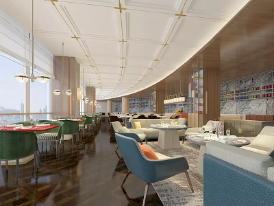 Elegant Modern Restaurant Interior With Pendant Lights Colorful Chairs Marble Tables And Large Windows 3d model