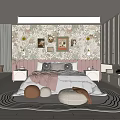 Bright Kids Room Interior With Floral Wallpaper And Upholstered Bed And Round Rug