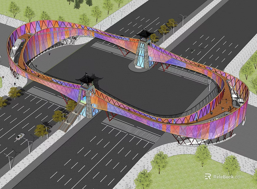 Modern Colorful Curved Bridge Architectural Design With Parking Lot Trees And Central Tower 3d model 