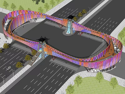 Modern Colorful Curved Bridge Architectural Design With Parking Lot Trees And Central Tower 3d model