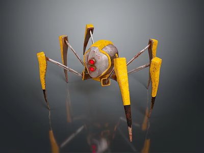 Yellow And Silver Mechanical Spider With Long Legs And Red Eyes 3d model