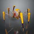 Yellow And Silver Mechanical Spider With Long Legs And Red Eyes