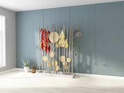 Bonsai Potted Plants in Modern Room with Blue Wall Wooden Pole Structure and Hanging Greenery 3d model