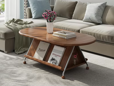 Stylish Wooden Coffee Table With Lower Shelf Books And Top Vase Flowers Design 3d model