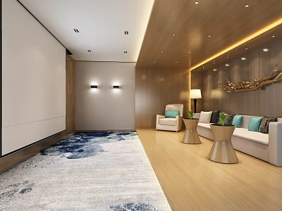 Modern Home Theater Interior Design With Projection Screen Wooden Walls And Comfortable Sofa 3d model