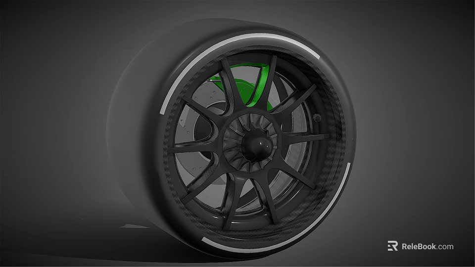 Sleek Modern Car Tire With Black Spoke Rim Design And Green Center Accent 3d model 