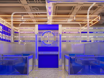 Modern Restaurant Interior With Blue Accents Neon Lights Exposed Pipes And Glass Counters 3d model