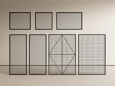 Different Modern Black Frame Room Dividers With Grid And Geometric Patterns 3d model