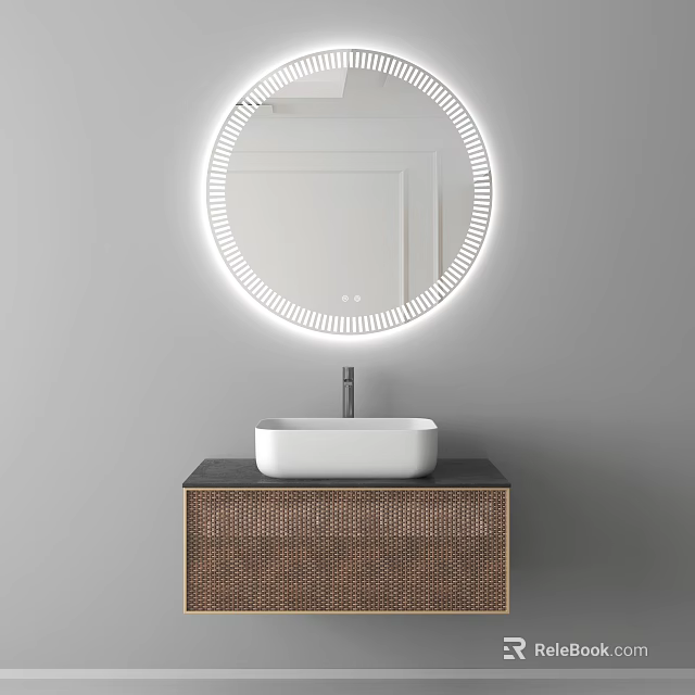 Bathroom Vanity with Round LED Lighted Mirror and White Basin Woven Texture Cabinet Design 3d model 
