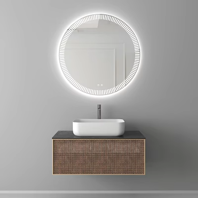 Bathroom Vanity with Round LED Lighted Mirror and White Basin Woven Texture Cabinet Design 3d model